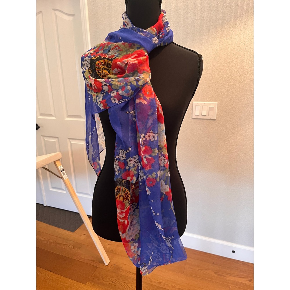 Womens Blue Floral Scarf Long Lightweight Red Flower Asian Inspired 66"